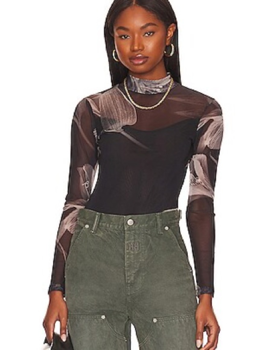 AllSaints Elia Iris Black Sheer Floral-Print Mock Neck Bodysuit